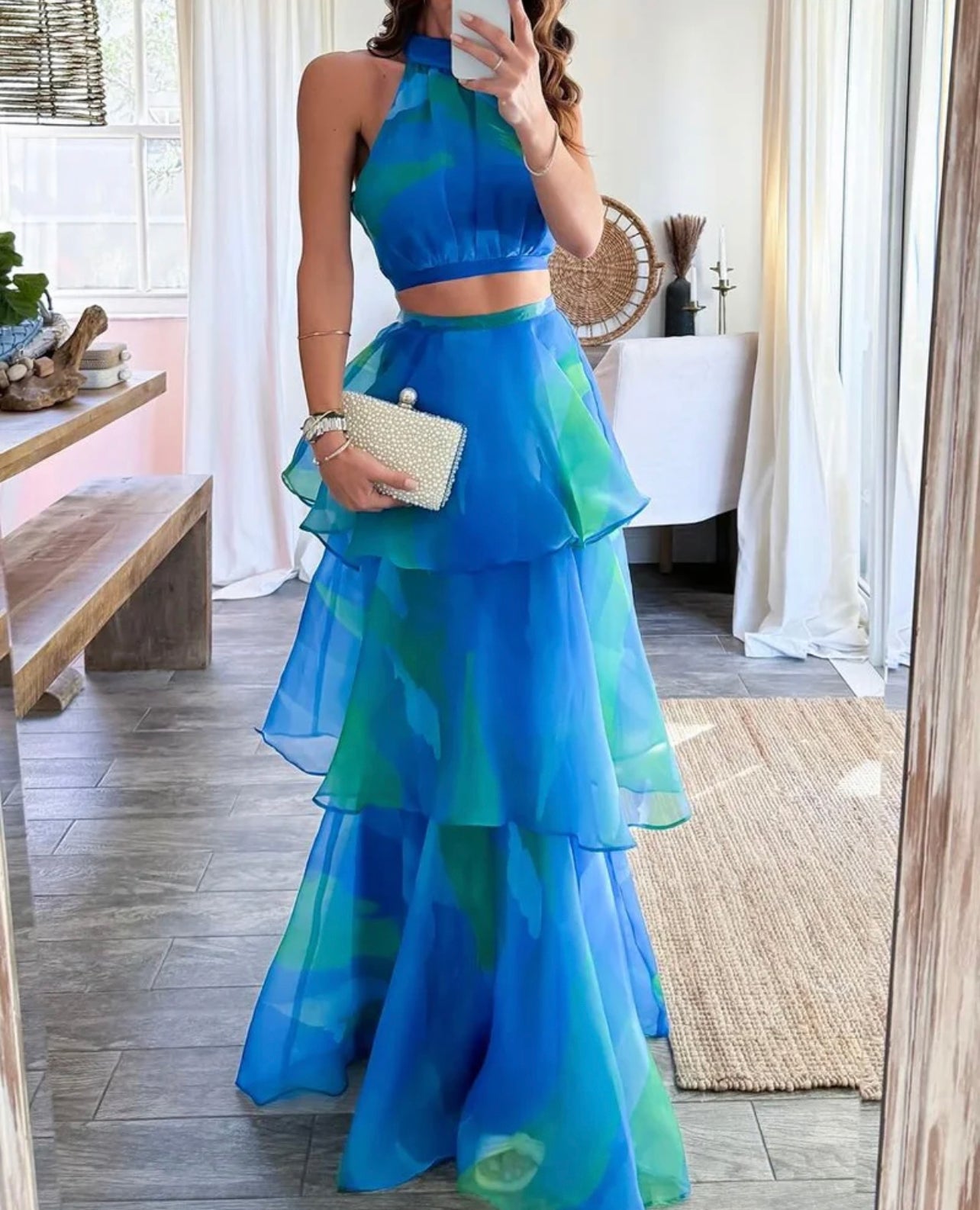 sleeveless printed layered skirt two-piece set